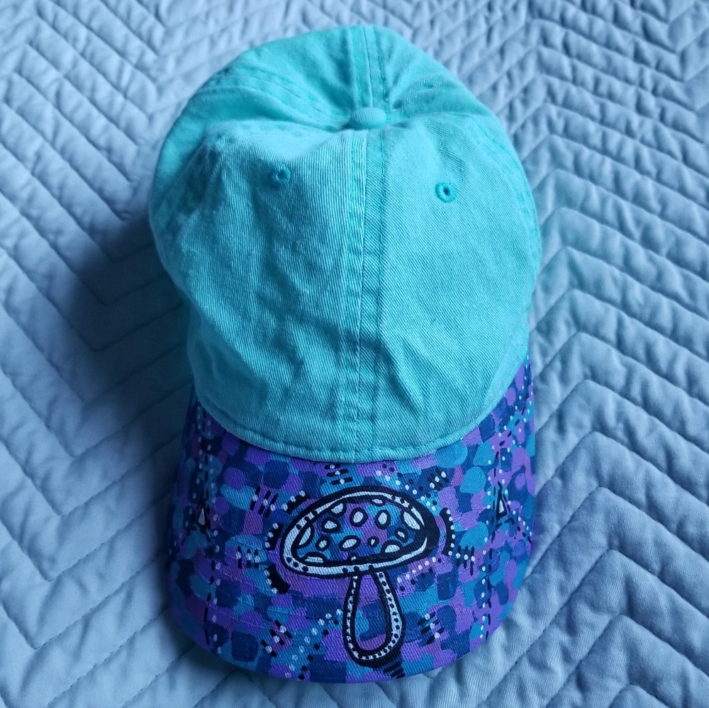 Artist Made Hat Mushroom Teal Baseball Art Fun